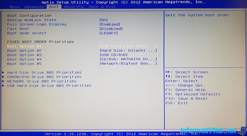 modifier la plupart des priorités de démarrage sur le bios pour leur permettre de se connecter à l'usb