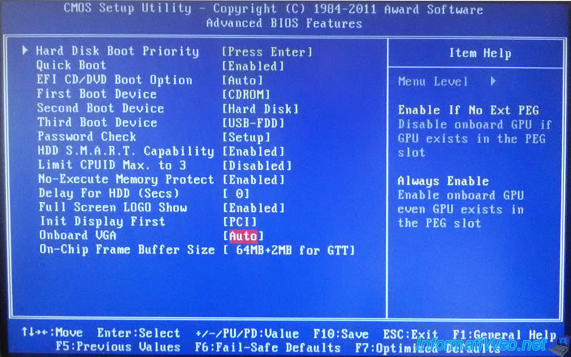 configurações de BIOS do adaptador gráfico primário